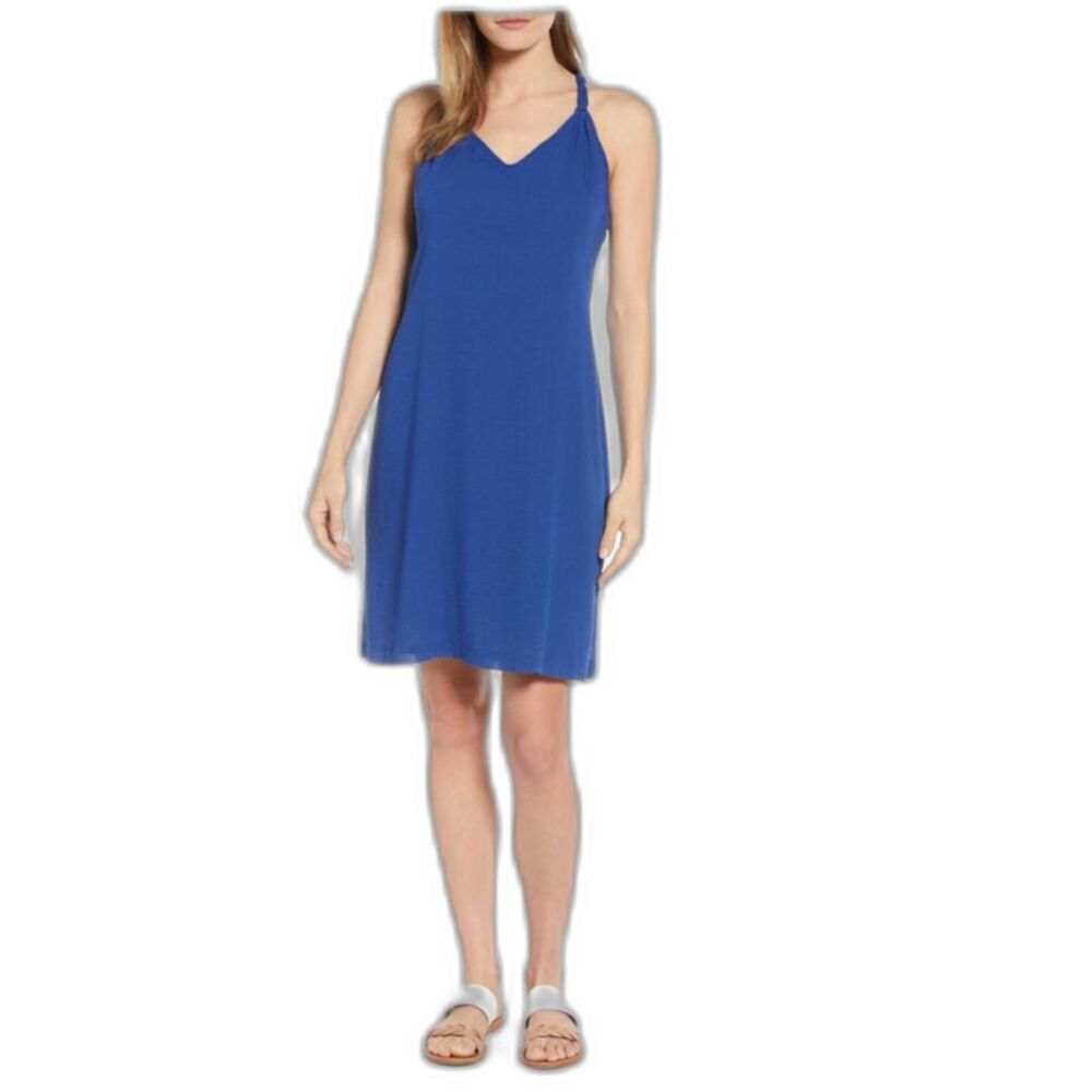 Tommy Bahama Womens Bright Navy Gauze Sleeveless A-Line Knee Length Dress Size L